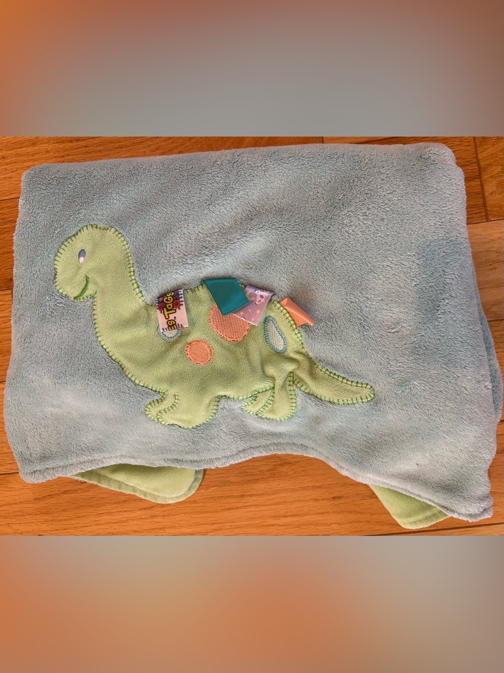 Taggies Blue Green Dinosaur Applique Satin Tags Baby Blanket Soft Plush 26”x36”